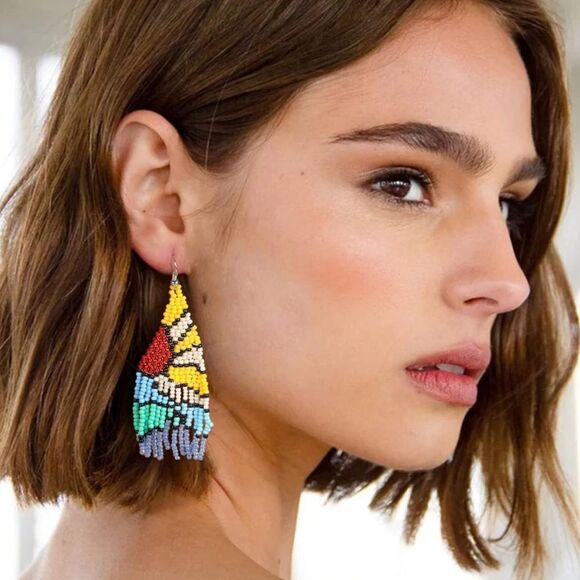 Multicolor Boho Seed Bead Tassel Dangling Statement French Wire Hook Earrings - Picture 4 of 8